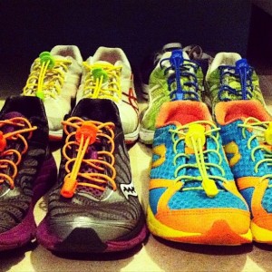 A selection of Lock Laces on a variety of running shoes